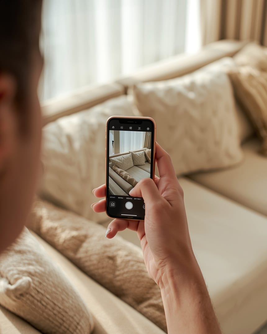 Une main photographie un canapé avec un smartphone pour obtenir un devis